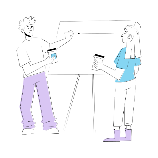 Presentation, Explaining, Practicing, Friends, Drinking Coffee illustration