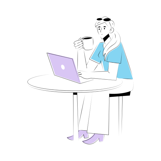 Working Cafe, Using Laptop, Freelancing, Outsourcing, Drinking Coffee illustration